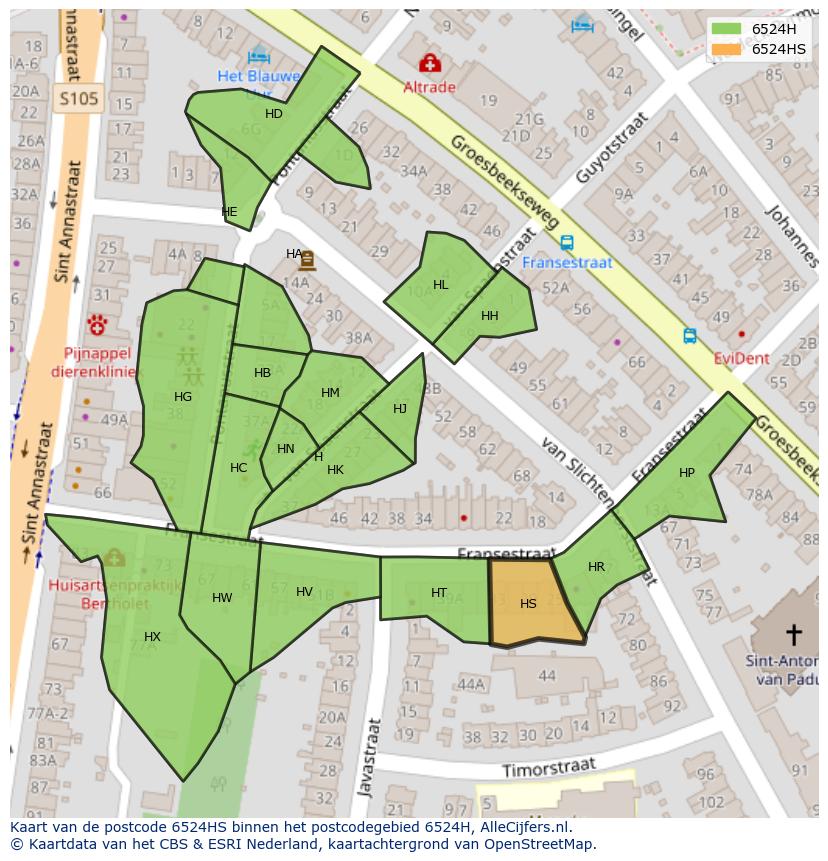 Afbeelding van het postcodegebied 6524 HS op de kaart.