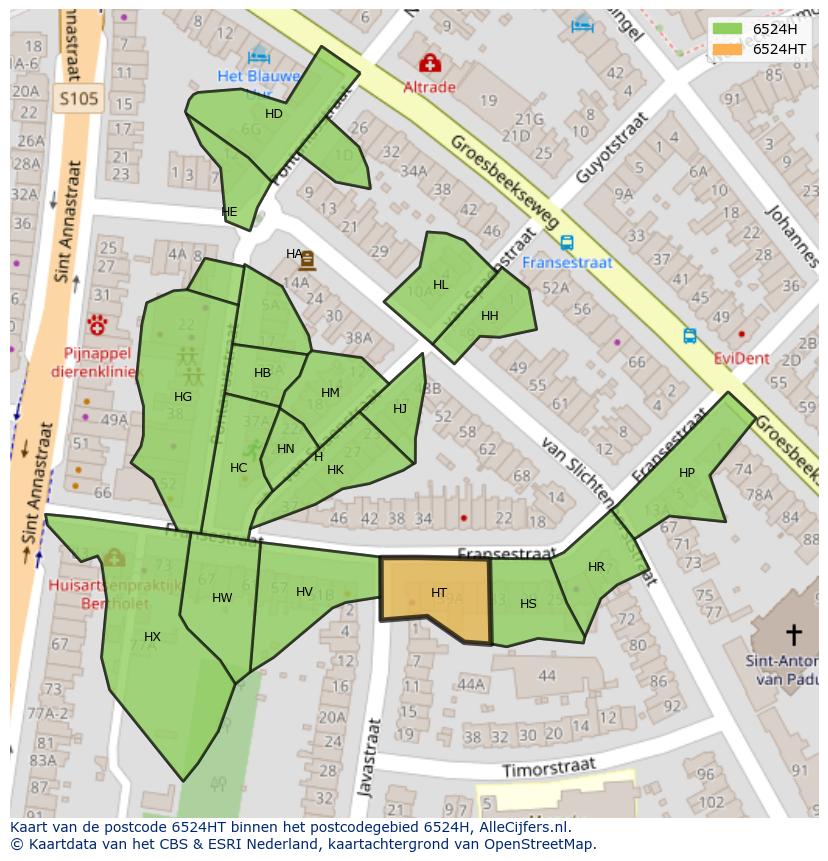 Afbeelding van het postcodegebied 6524 HT op de kaart.