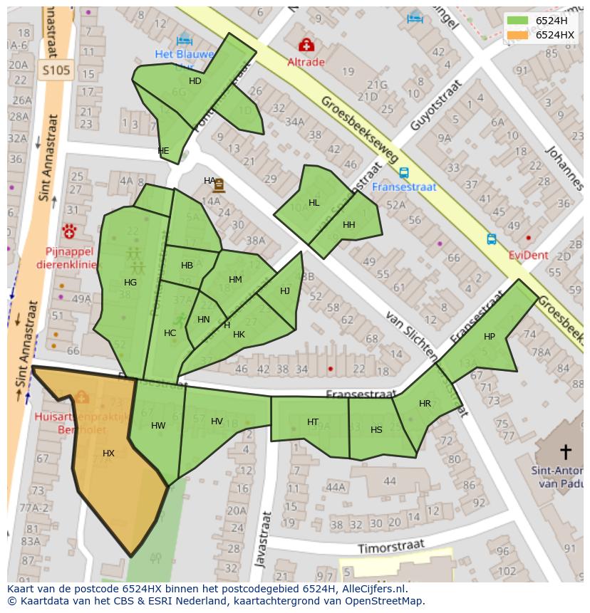 Afbeelding van het postcodegebied 6524 HX op de kaart.