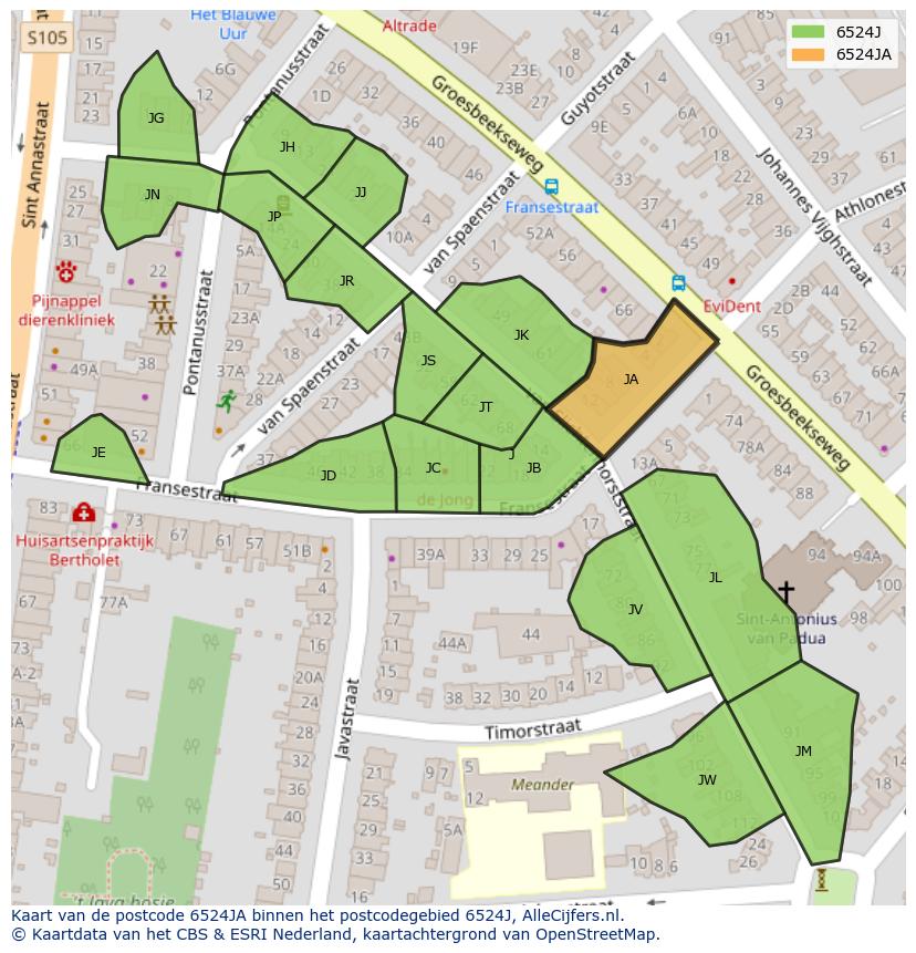 Afbeelding van het postcodegebied 6524 JA op de kaart.