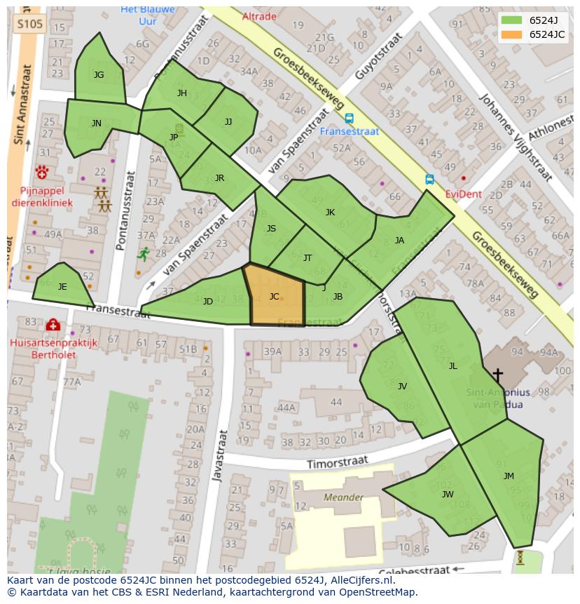 Afbeelding van het postcodegebied 6524 JC op de kaart.