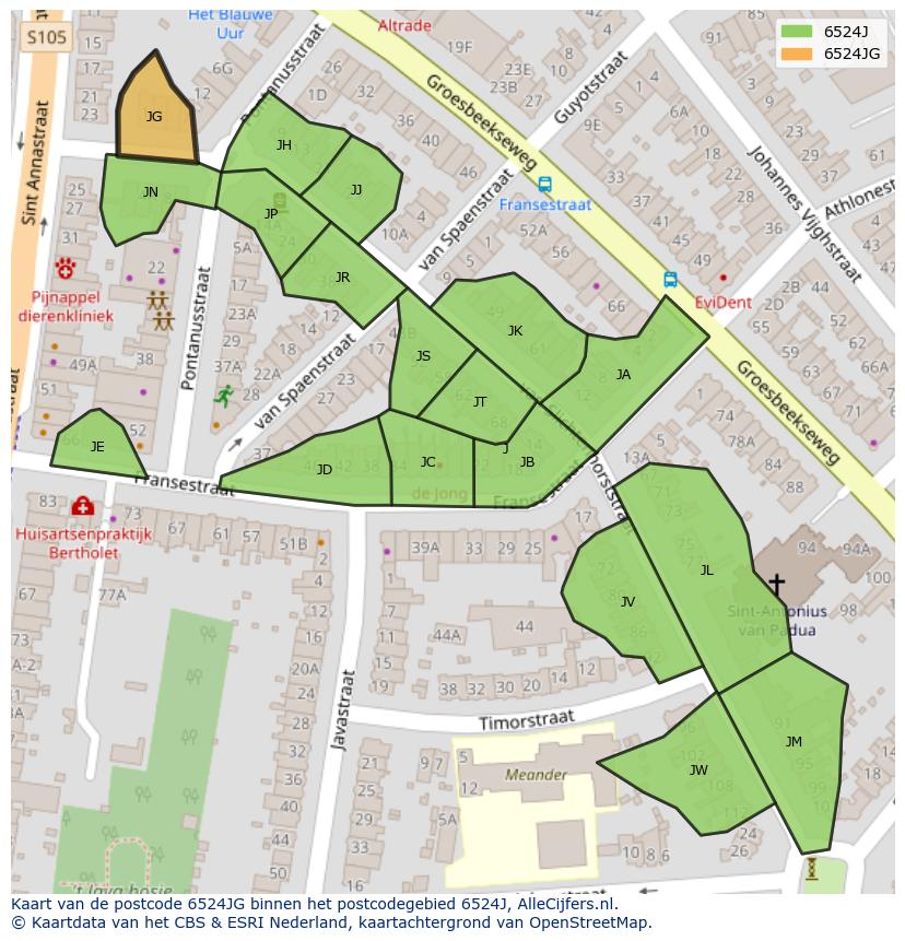 Afbeelding van het postcodegebied 6524 JG op de kaart.