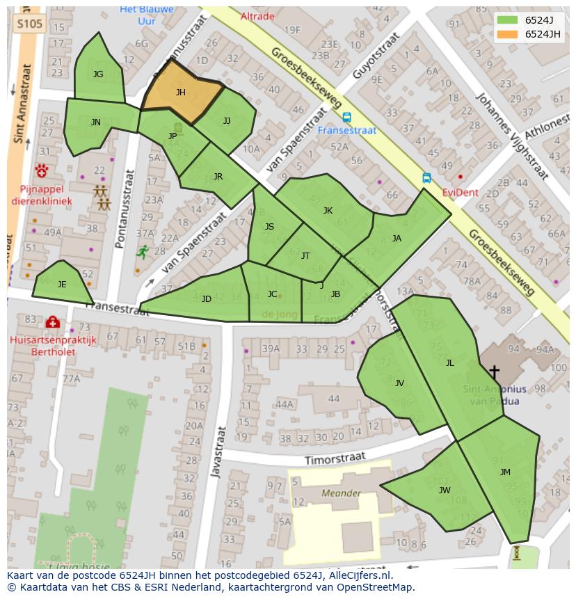 Afbeelding van het postcodegebied 6524 JH op de kaart.