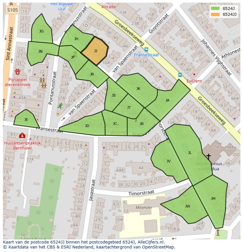 Afbeelding van het postcodegebied 6524 JJ op de kaart.
