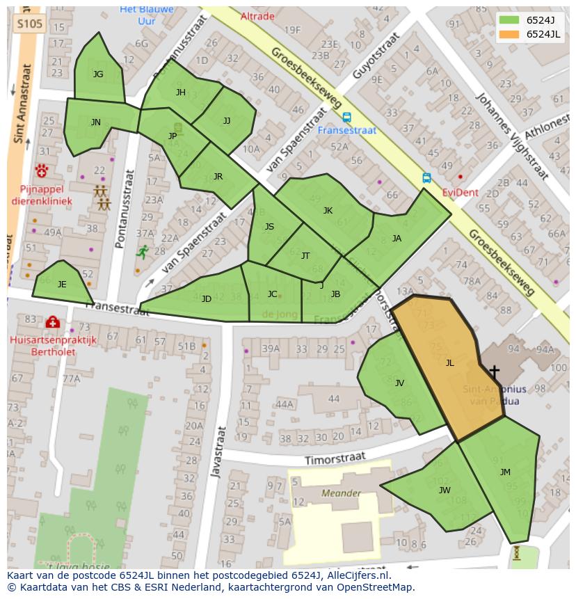 Afbeelding van het postcodegebied 6524 JL op de kaart.