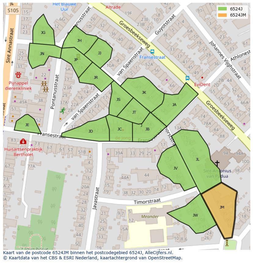 Afbeelding van het postcodegebied 6524 JM op de kaart.