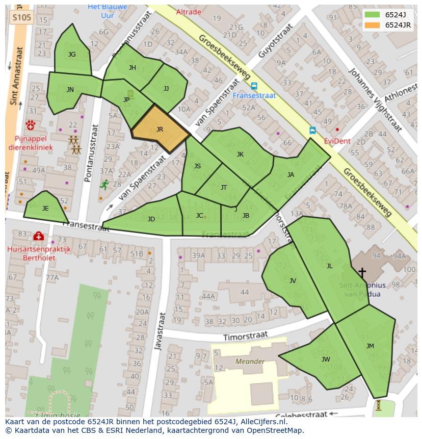 Afbeelding van het postcodegebied 6524 JR op de kaart.