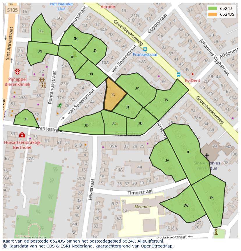 Afbeelding van het postcodegebied 6524 JS op de kaart.
