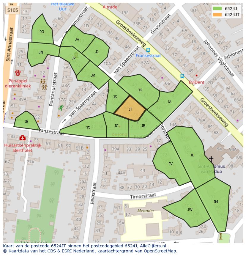 Afbeelding van het postcodegebied 6524 JT op de kaart.