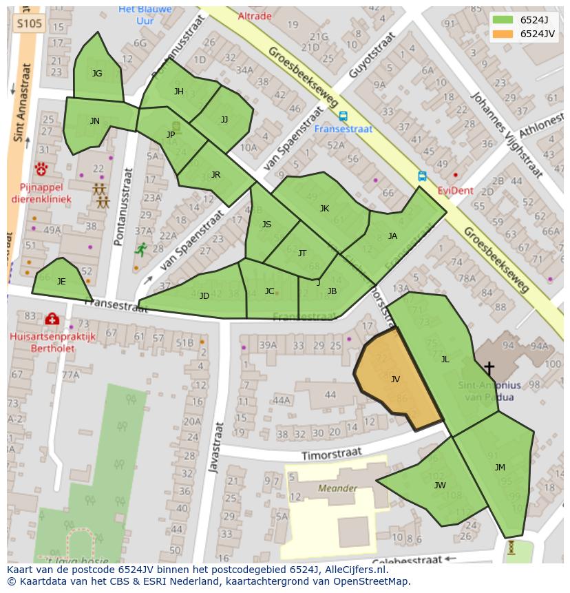 Afbeelding van het postcodegebied 6524 JV op de kaart.