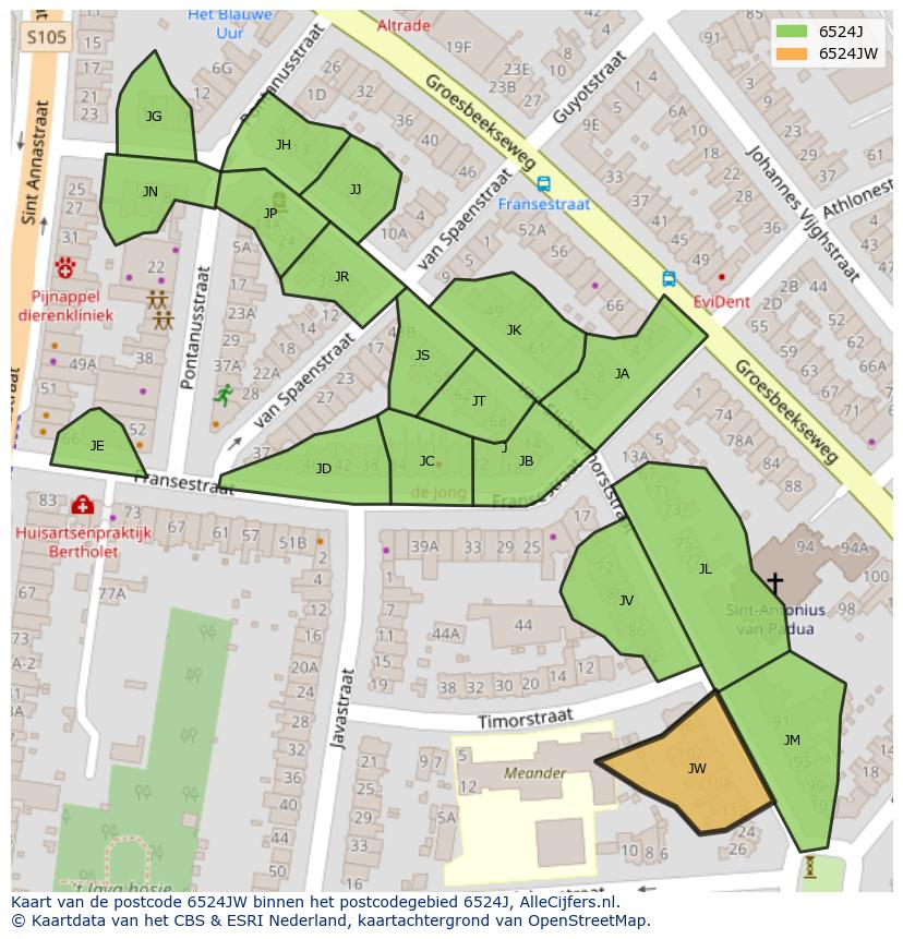 Afbeelding van het postcodegebied 6524 JW op de kaart.