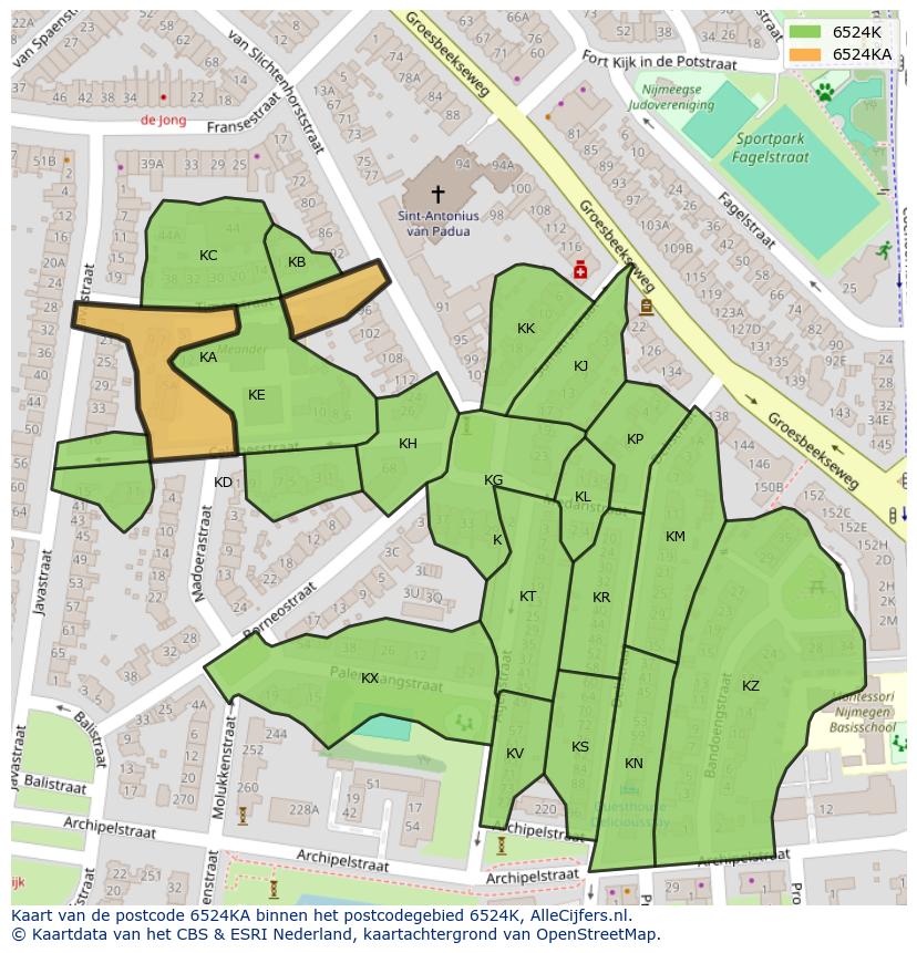 Afbeelding van het postcodegebied 6524 KA op de kaart.