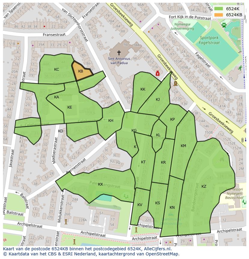 Afbeelding van het postcodegebied 6524 KB op de kaart.