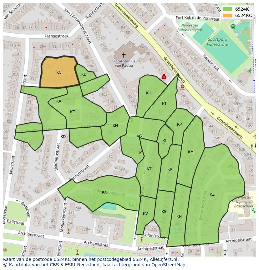 Afbeelding van het postcodegebied 6524 KC op de kaart.