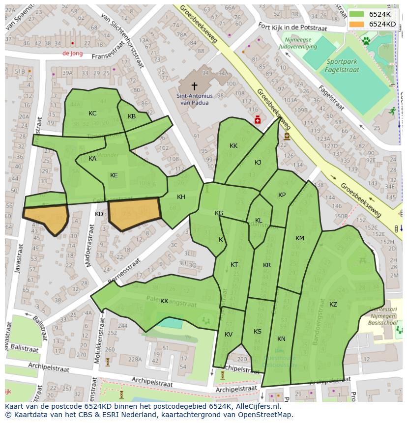 Afbeelding van het postcodegebied 6524 KD op de kaart.