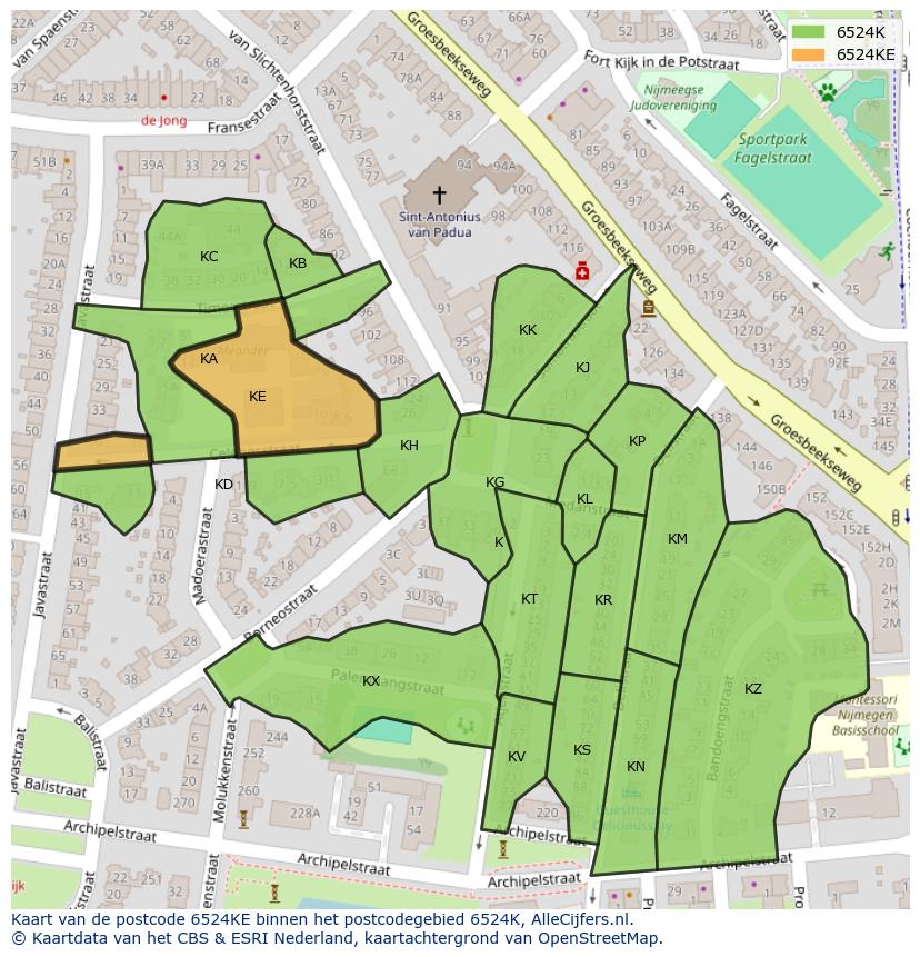 Afbeelding van het postcodegebied 6524 KE op de kaart.