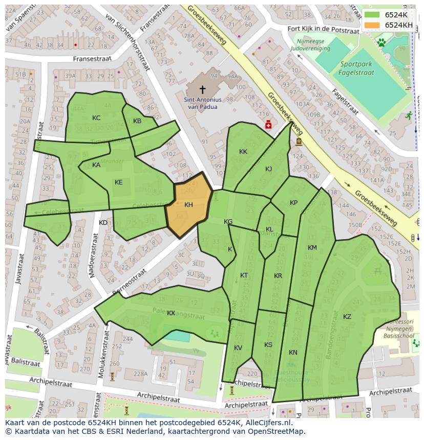 Afbeelding van het postcodegebied 6524 KH op de kaart.