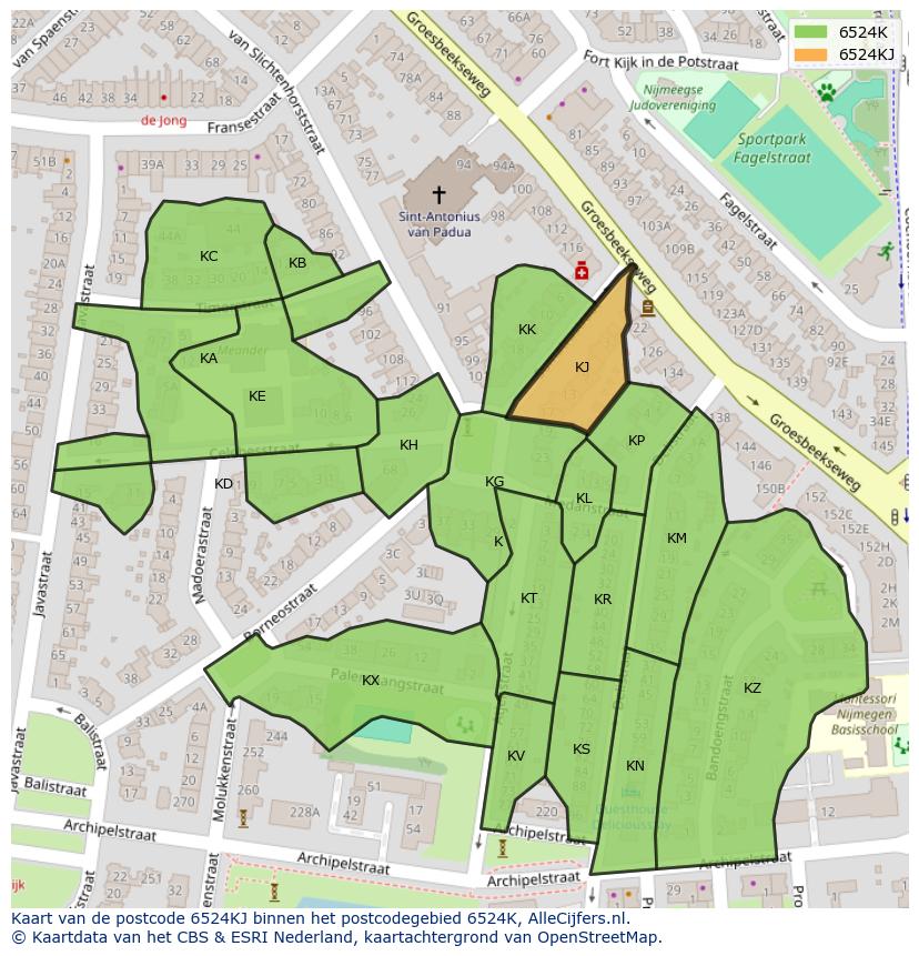 Afbeelding van het postcodegebied 6524 KJ op de kaart.