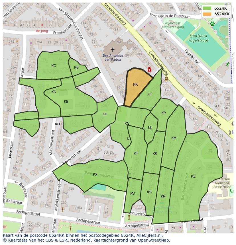 Afbeelding van het postcodegebied 6524 KK op de kaart.
