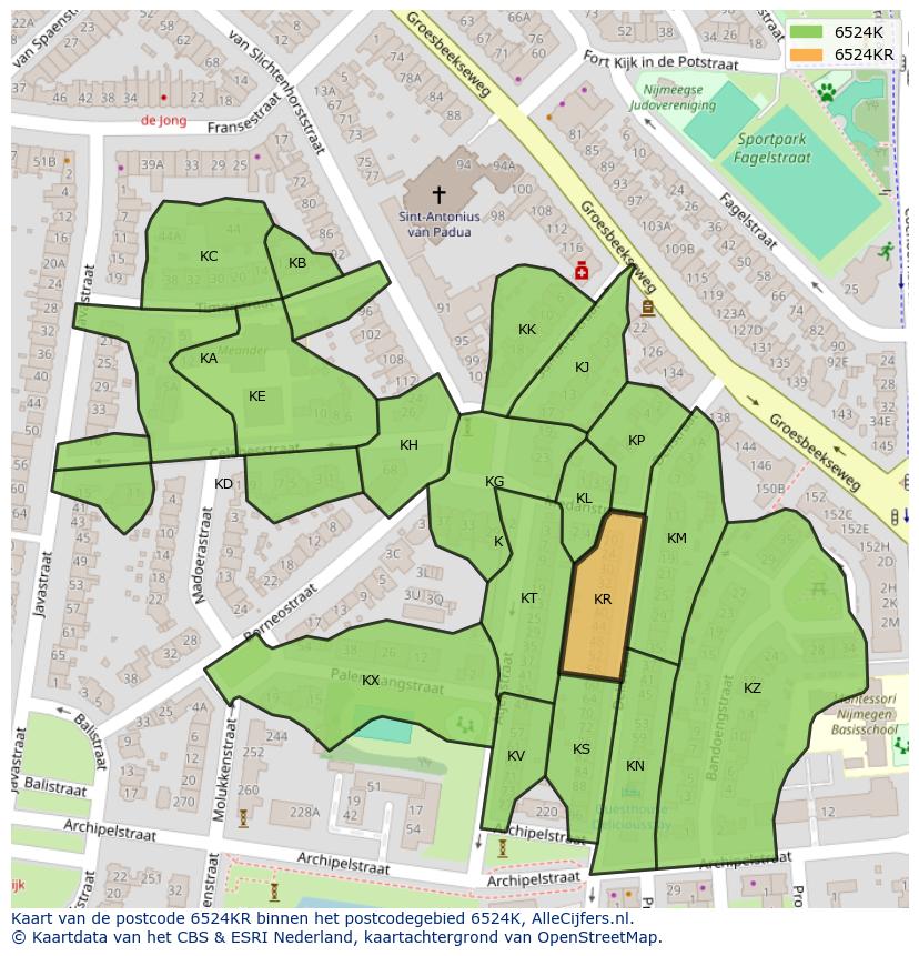 Afbeelding van het postcodegebied 6524 KR op de kaart.