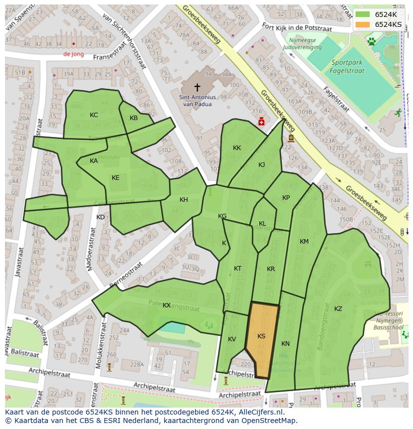 Afbeelding van het postcodegebied 6524 KS op de kaart.