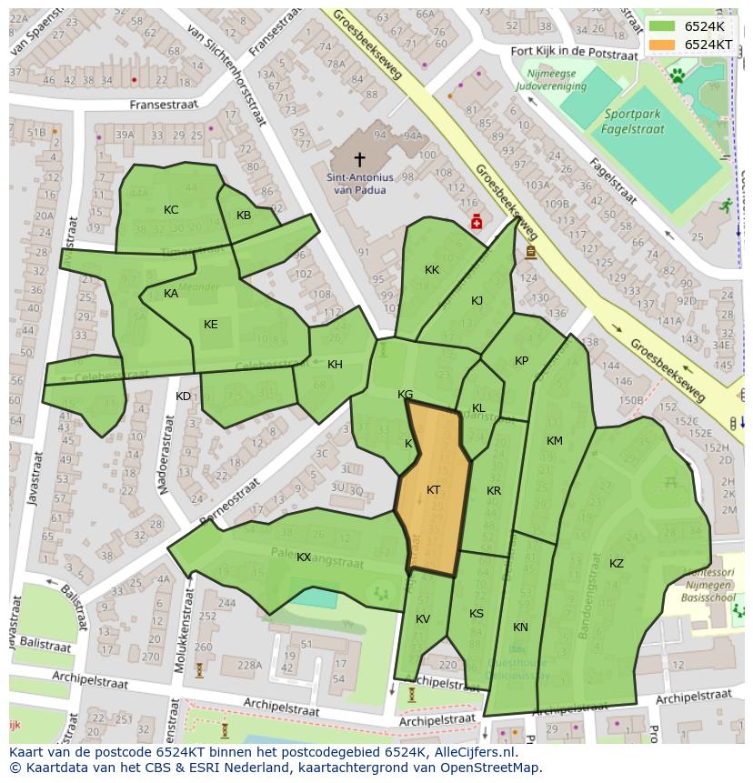Afbeelding van het postcodegebied 6524 KT op de kaart.