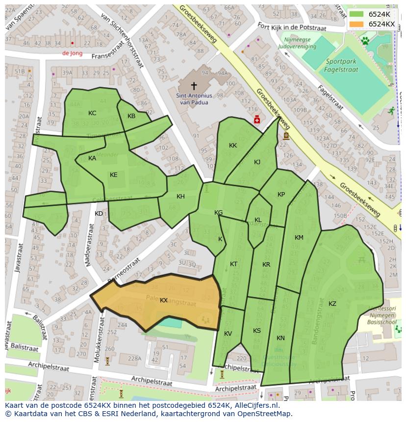 Afbeelding van het postcodegebied 6524 KX op de kaart.