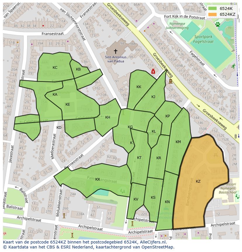 Afbeelding van het postcodegebied 6524 KZ op de kaart.