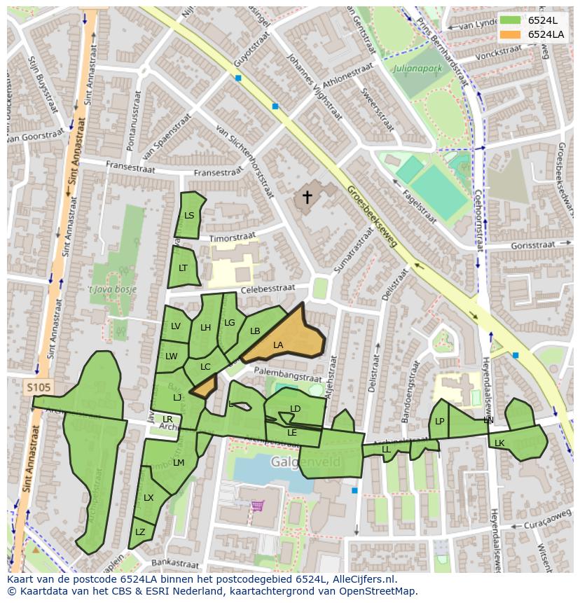 Afbeelding van het postcodegebied 6524 LA op de kaart.