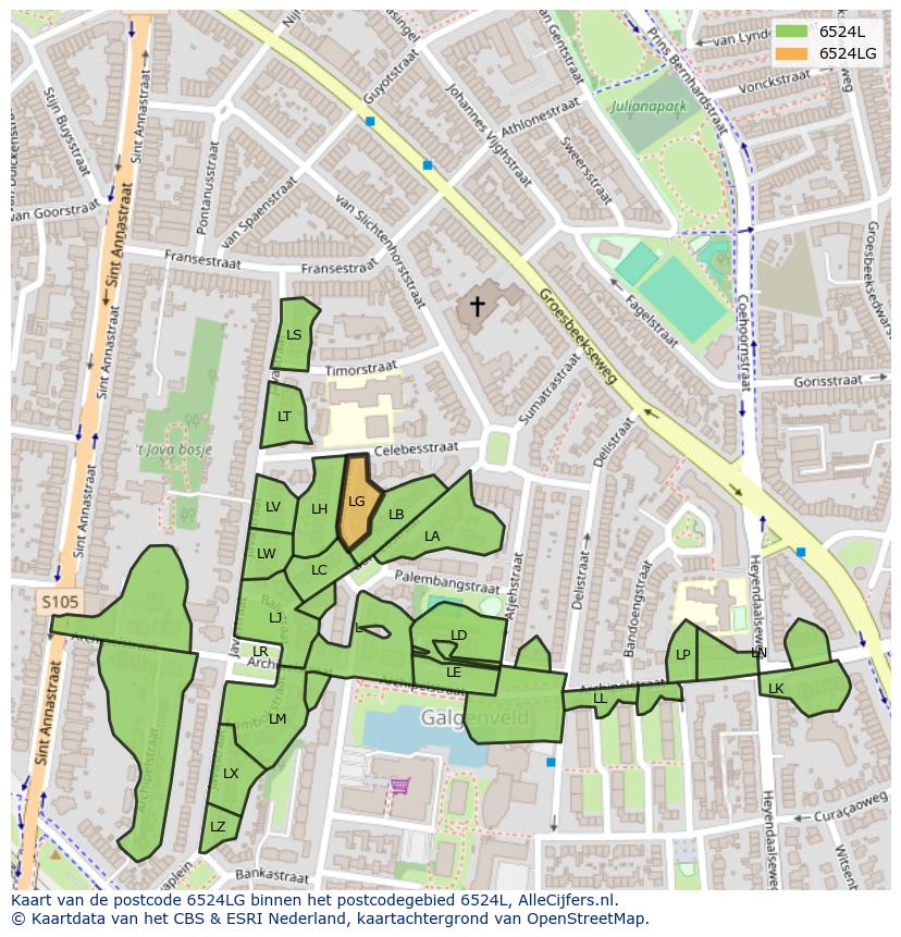 Afbeelding van het postcodegebied 6524 LG op de kaart.