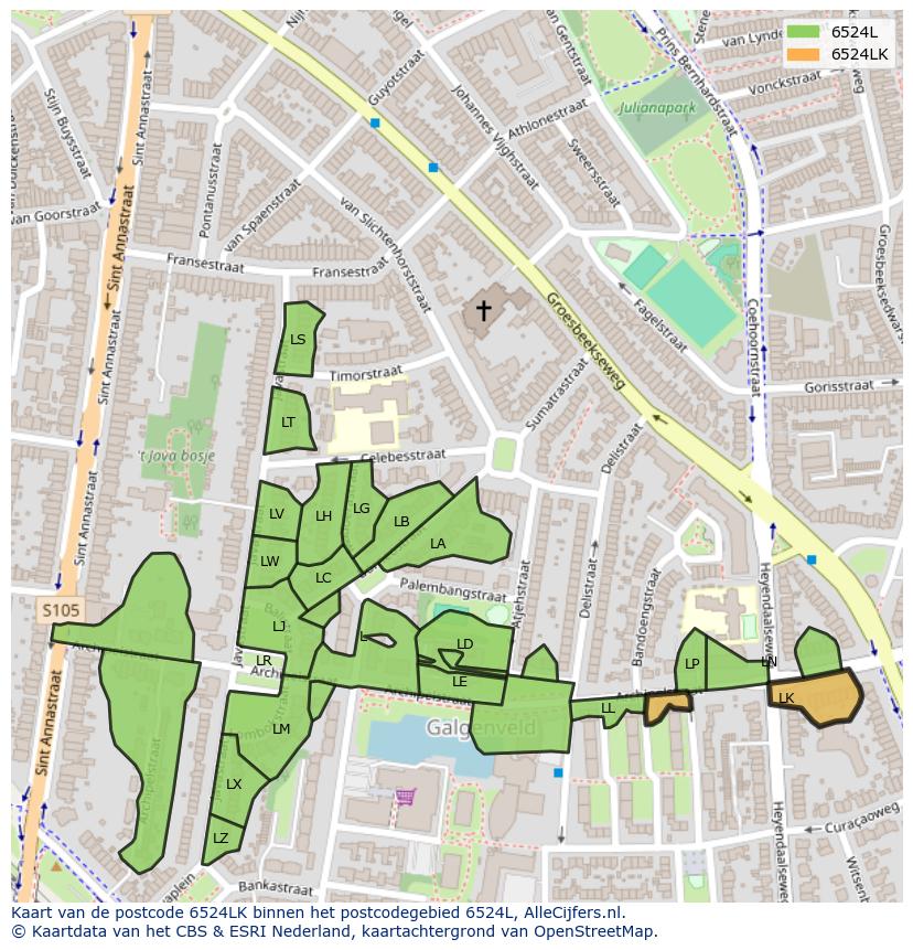 Afbeelding van het postcodegebied 6524 LK op de kaart.