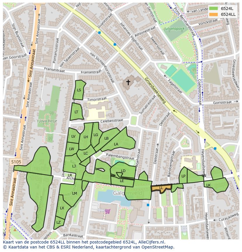 Afbeelding van het postcodegebied 6524 LL op de kaart.
