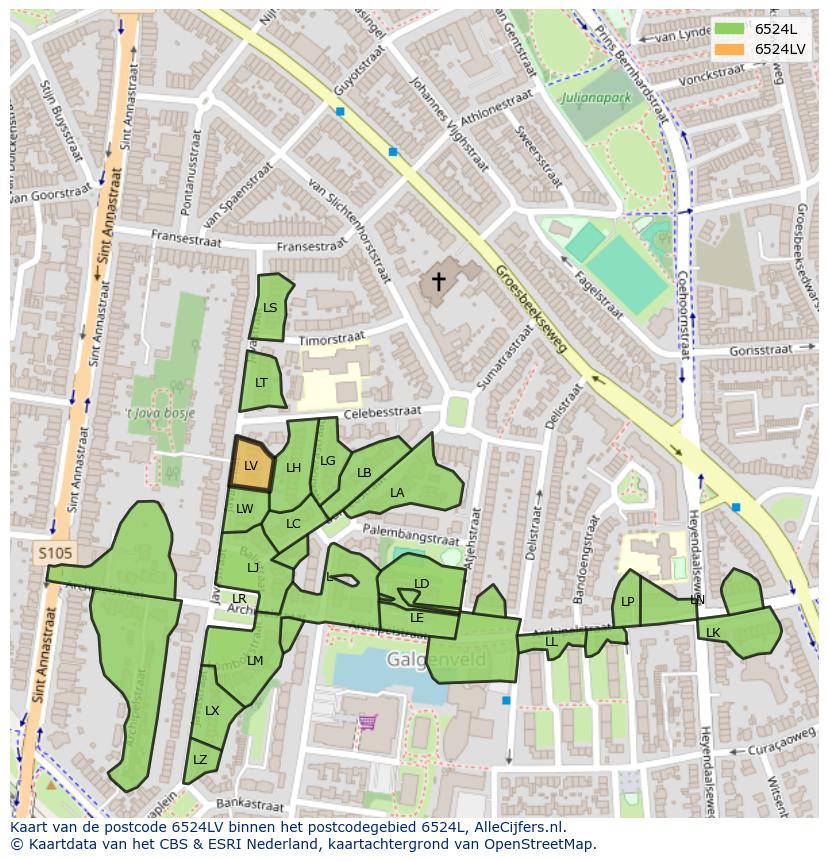 Afbeelding van het postcodegebied 6524 LV op de kaart.