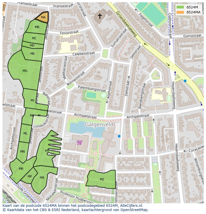 Afbeelding van het postcodegebied 6524 MA op de kaart.