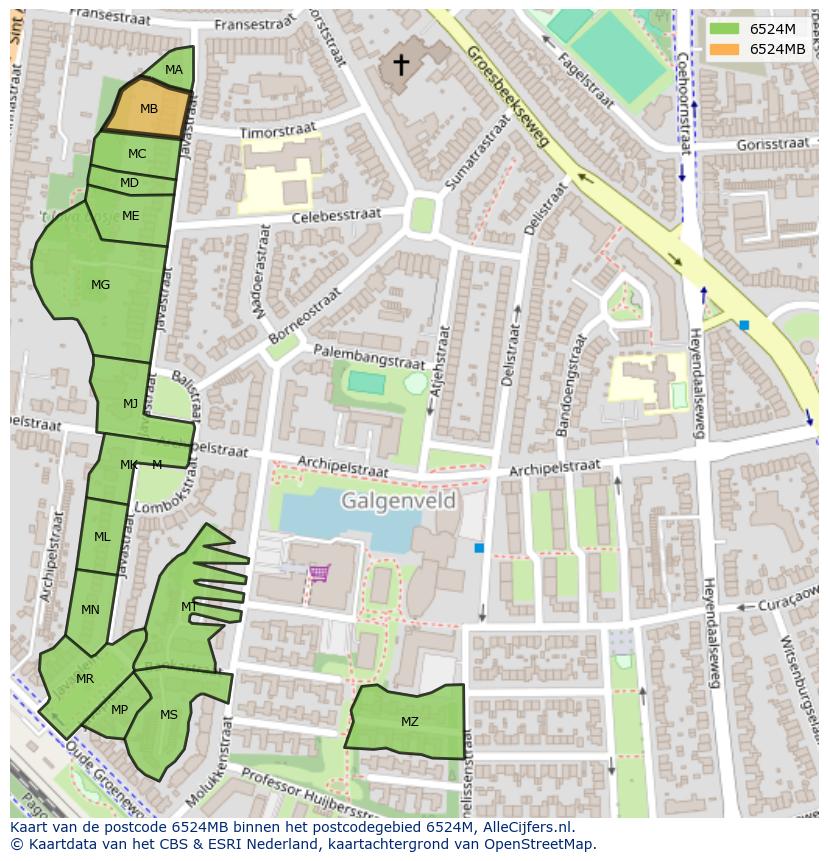Afbeelding van het postcodegebied 6524 MB op de kaart.