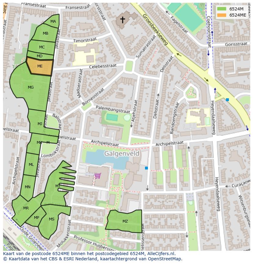 Afbeelding van het postcodegebied 6524 ME op de kaart.
