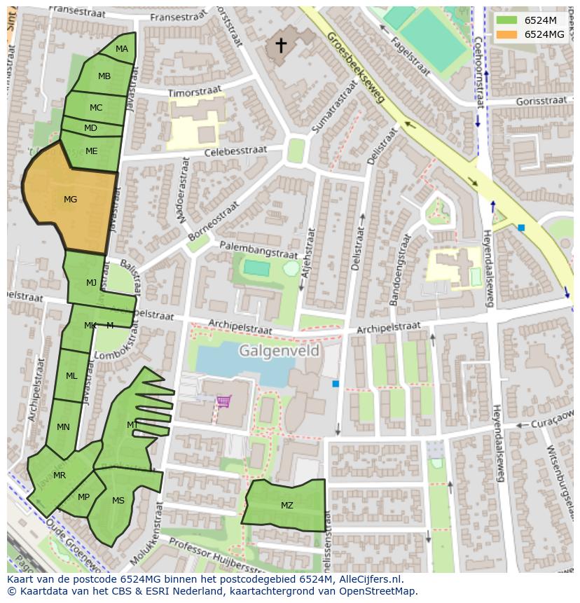 Afbeelding van het postcodegebied 6524 MG op de kaart.