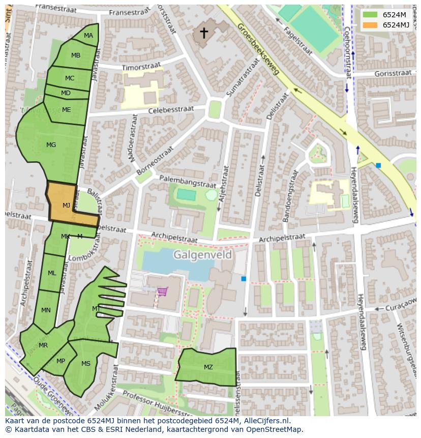 Afbeelding van het postcodegebied 6524 MJ op de kaart.
