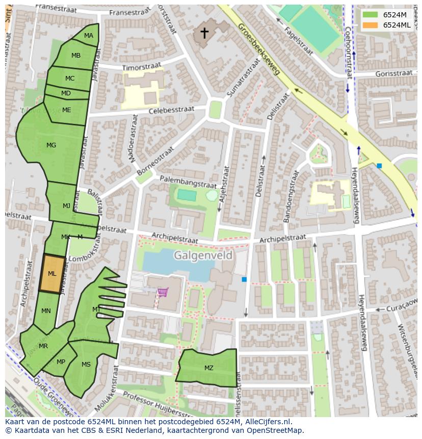 Afbeelding van het postcodegebied 6524 ML op de kaart.