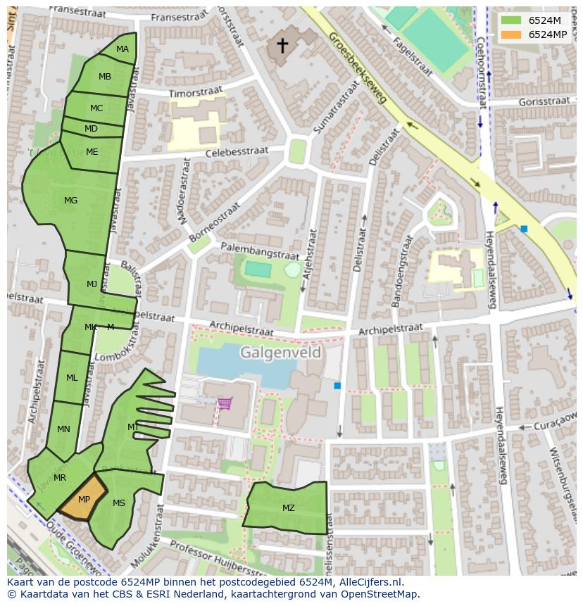 Afbeelding van het postcodegebied 6524 MP op de kaart.