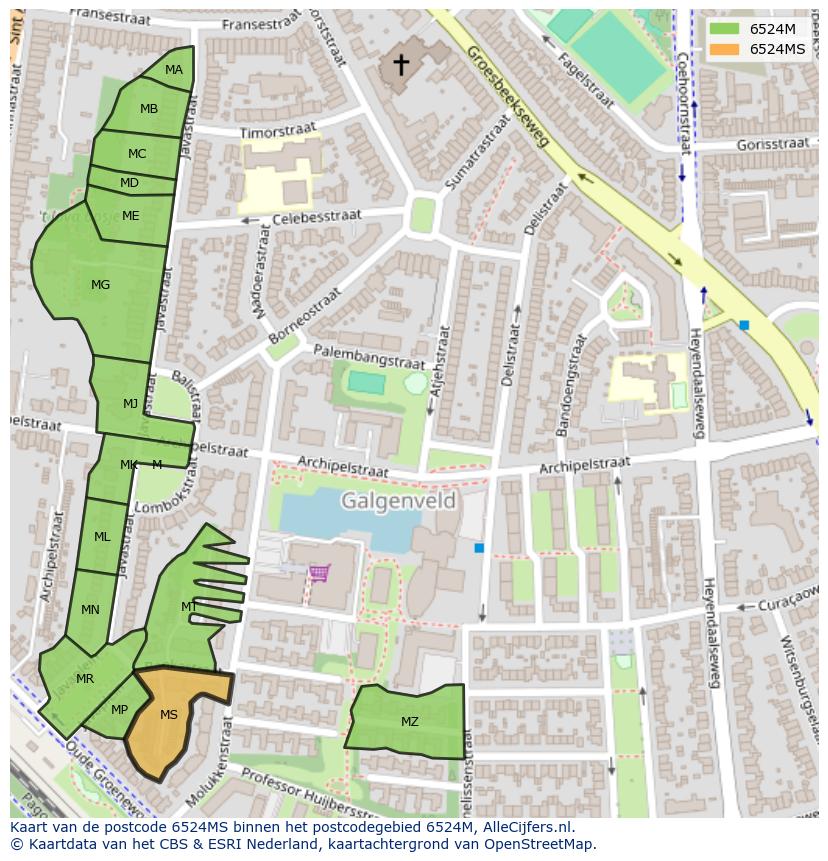 Afbeelding van het postcodegebied 6524 MS op de kaart.
