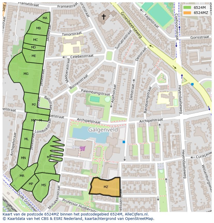 Afbeelding van het postcodegebied 6524 MZ op de kaart.