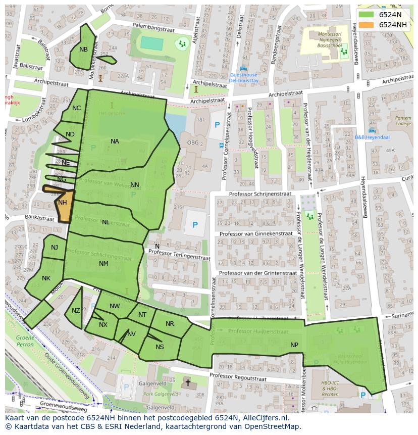 Afbeelding van het postcodegebied 6524 NH op de kaart.