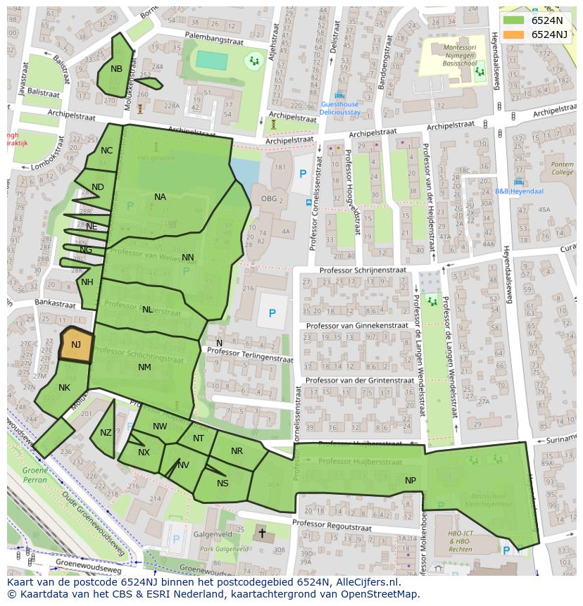 Afbeelding van het postcodegebied 6524 NJ op de kaart.