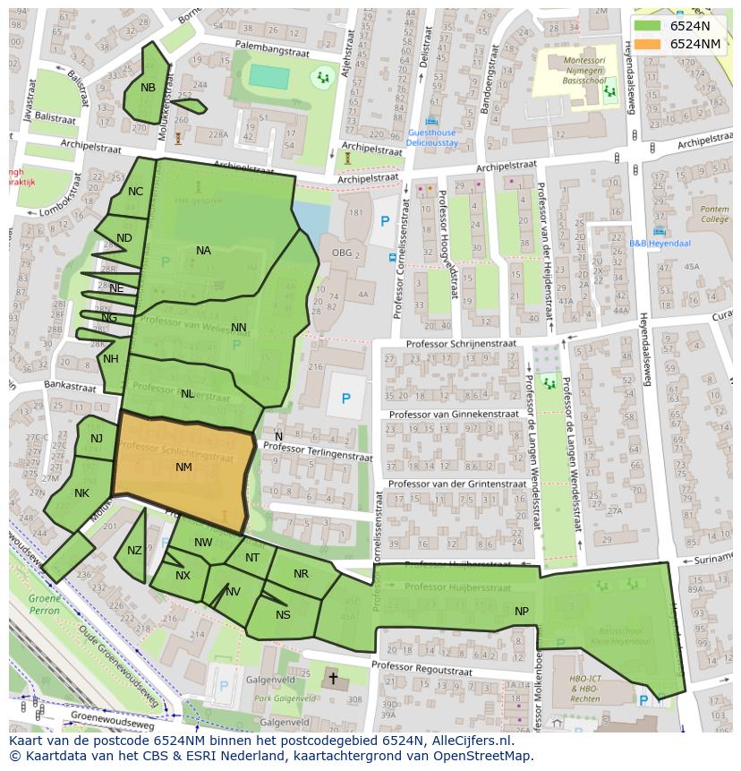 Afbeelding van het postcodegebied 6524 NM op de kaart.