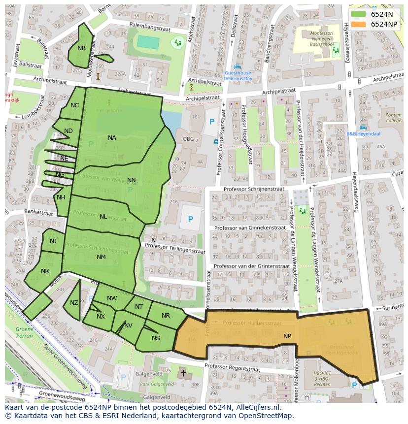 Afbeelding van het postcodegebied 6524 NP op de kaart.