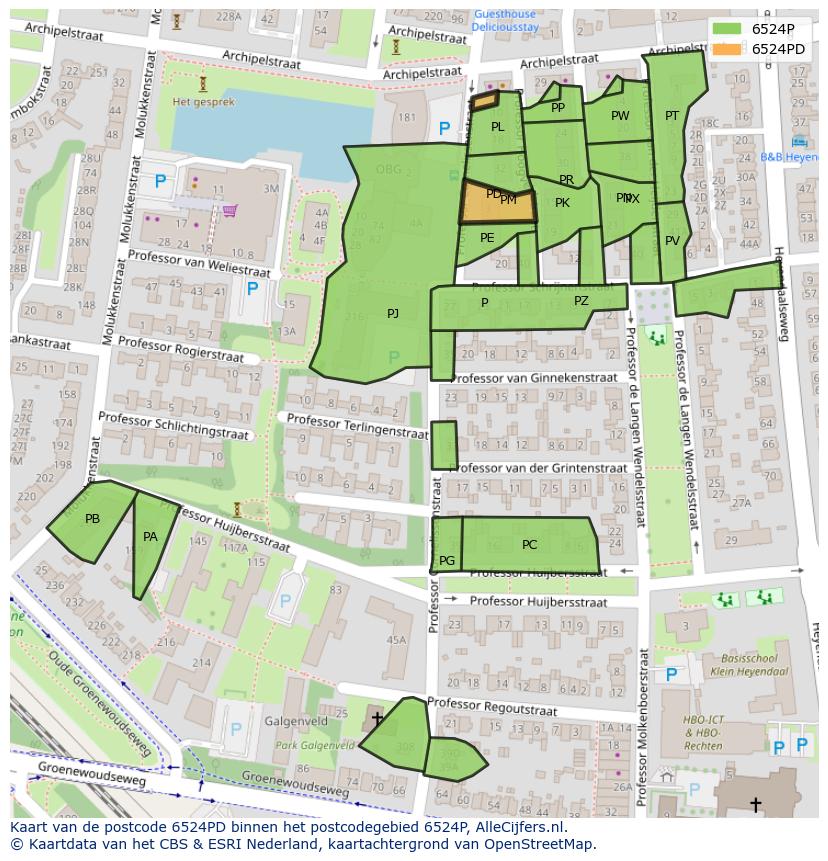 Afbeelding van het postcodegebied 6524 PD op de kaart.