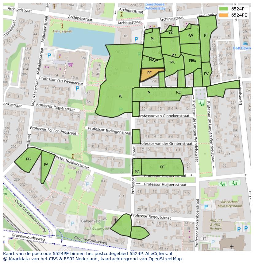 Afbeelding van het postcodegebied 6524 PE op de kaart.