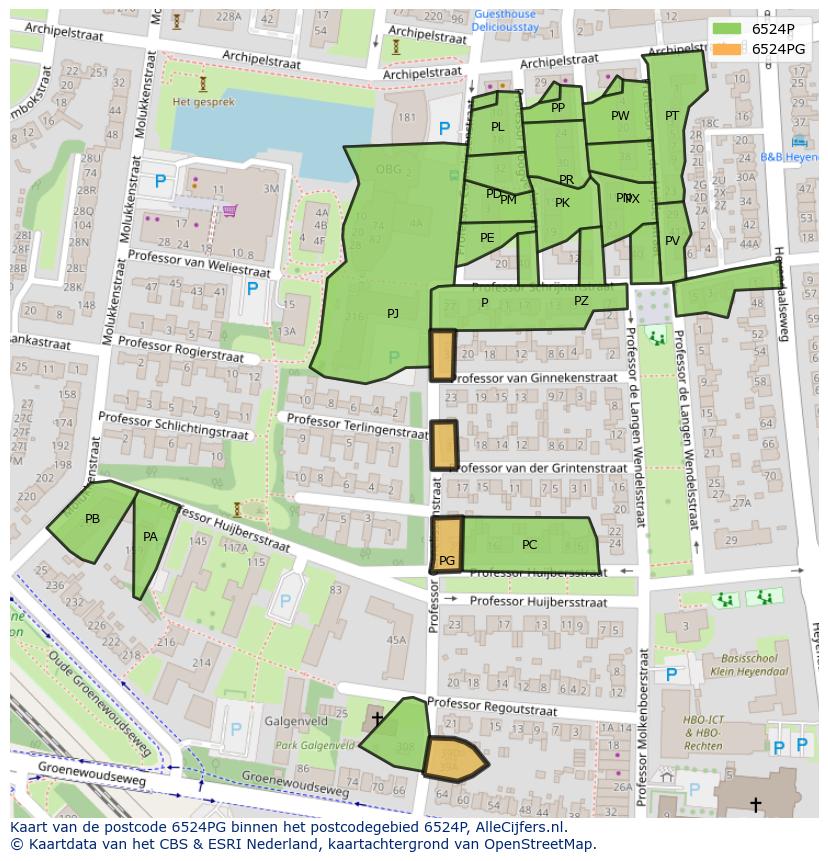 Afbeelding van het postcodegebied 6524 PG op de kaart.