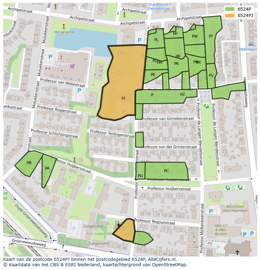 Afbeelding van het postcodegebied 6524 PJ op de kaart.